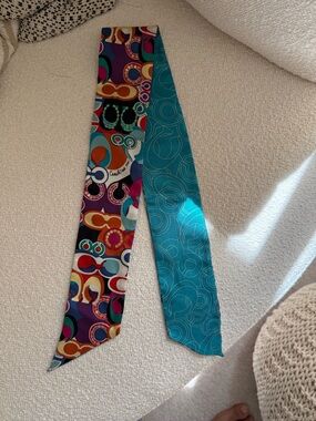 Coach Multicolor Circular Print Silk Twilly with Teal Reverse